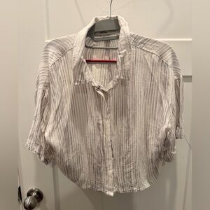 Thread + Supply Large Linen Blend Grey Stripe Button Front Top